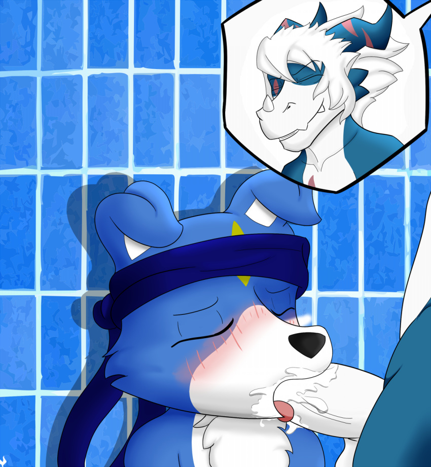 anthro band blue_body blue_fur blue_scales blush canid canine canis demon digimon digimon_(species) digital_media_(artwork) domestic_dog dragon duo eyes_closed facial_markings fangs fur gaomon genitals hair head_markings hi_res horn humanoid magnamon male male/male mammal markings oral oral_penetration orgasm orgasm_face penetration penis scale scales scar sveemon tongue veemon white_body white_fur white_hair white_penis