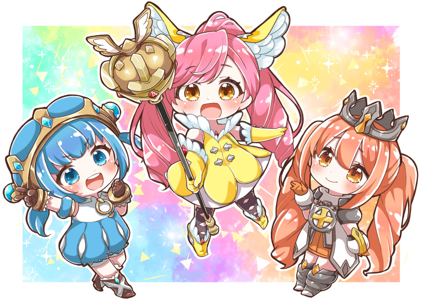 3girls :d absurdres arm_up bare_shoulders black_legwear blue_eyes blue_hair blue_headwear blue_skirt blue_sleeves blush boots brown_eyes brown_footwear brown_gloves brown_hair chain chibi closed_mouth collared_shirt commentary_request copyright_request crown detached_sleeves dress elbow_gloves fur-trimmed_gloves fur_trim gloves grey_footwear hat high_ponytail highres holding holding_staff jako_(jakoo21) multiple_girls open_mouth pink_hair puffy_short_sleeves puffy_sleeves round_teeth shirt short_sleeves skirt sleeveless sleeveless_dress sleeveless_shirt smile staff teeth thighhighs thighhighs_under_boots twintails upper_teeth white_dress white_shirt yellow_dress yellow_footwear yellow_gloves