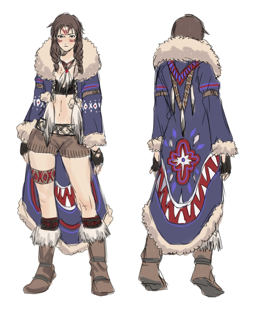 1girl alternate_costume boots braid brown_hair brown_shorts commentary concept_art english_commentary facepaint facial_mark facing_away fingerless_gloves forehead_mark full_body fur_coat fur_collar gloves hair_over_shoulder hanny_(uirusu_chan) highres inuit julia_chang midriff multiple_views navel shorts sketch solo tekken traditional_clothes turnaround twin_braids