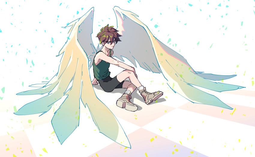 1boy bangs bike_shorts black_shorts brown_hair eyebrows_visible_through_hair full_body green_shirt gundam gundam_wing hair_between_eyes hastune heero_yuy looking_at_viewer male_focus shirt shoes short_hair shorts simple_background sitting solo wings