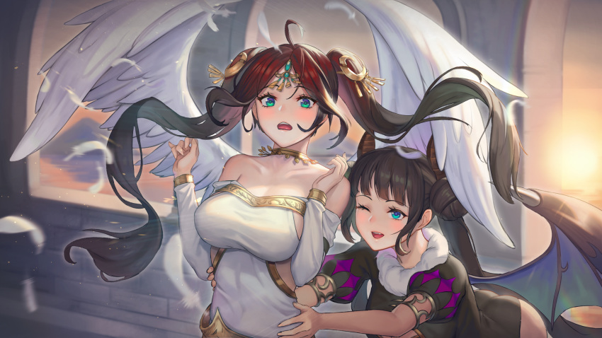 2girls ahoge angel angel_wings aqua_eyes bangs bare_shoulders black_hair blue_eyes blush breasts circlet collarbone detached_sleeves double_bun dress eyebrows_visible_through_hair feathered_wings feathers gradient_hair hair_ornament highres jewelry large_breasts long_hair looking_at_viewer moonandmist multicolored_hair multiple_girls necklace open_mouth original red_hair sidelocks smile twintails very_long_hair white_dress wings