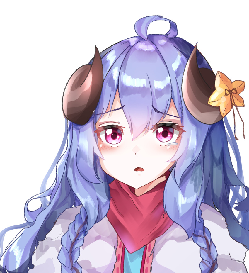 1girl absurdres ahoge alternate_costume alternate_eye_color alternate_hair_color alternate_hairstyle bangs blue_hair blush curled_horns eyebrows_visible_through_hair flower fur hair_between_eyes hair_flower hair_ornament highres horns japanese_clothes kindred lamb_(league_of_legends) league_of_legends long_hair looking_at_viewer open_eyes open_mouth pink_eyes purple_hair qkrdydwn1313 ribbon simple_background spirit_blossom_kindred tearing_up tears twintails white_fur