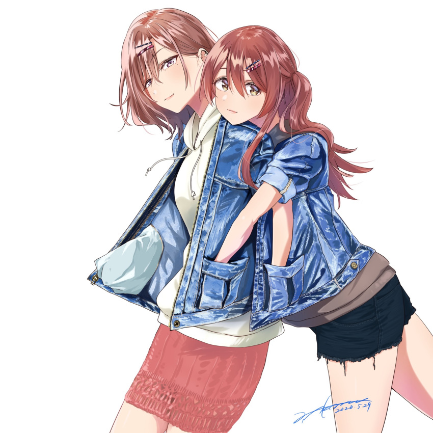 2girls akane_(getwild23) black_shorts brown_eyes brown_hair commentary_request denim denim_jacket hair_ornament hairclip hand_in_another's_pocket highres higuchi_madoka hood hoodie hug hug_from_behind idolmaster idolmaster_shiny_colors jacket long_hair looking_at_viewer miniskirt mole mole_under_eye multiple_girls oosaki_tenka open_clothes open_jacket pink_skirt short_hair shorts skirt sleeves_rolled_up white_background white_hoodie yellow_eyes