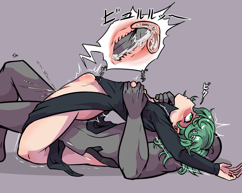 1boy 1girl ahegao arms_up black_dress blush breast_grab breasts breasts_outside clothed_female_nude_male clothed_sex cross-section cum cum_in_pussy dress grabbing grabbing_from_behind green_eyes green_hair heart heart-shaped_pupils hetero highres long_sleeves lying no_panties nude on_back one-punch_man overflow pelvic_curtain pussy rolling_eyes sex stomach_bulge symbol-shaped_pupils tatsumaki thought_bubble verymediocre