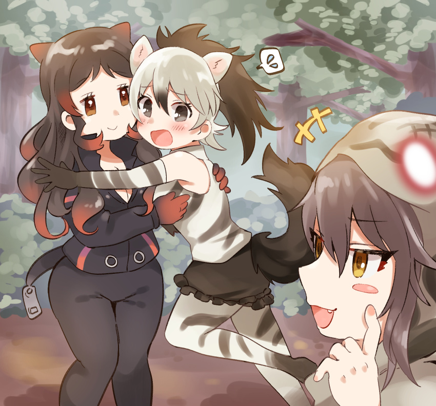 +++ 3girls aardwolf_(kemono_friends) aardwolf_ears aardwolf_print aardwolf_tail animal_ears arm_around_back bare_shoulders black_hair black_shorts blush_stickers brown_eyes closed_mouth collared_jacket commission day elbow_gloves extra_ears eyebrows_visible_through_hair fake_tail fang finger_to_cheek flying_sweatdrops frilled_shorts frills furrowed_eyebrows gloves grey_eyes grey_hair habu_(kemono_friends) hair_between_eyes hand_on_another's_back hand_up hands_up high_collar high_ponytail highres hippopotamus_(kemono_friends) hippopotamus_ears hood hood_up hug index_finger_raised jacket kemono_friends legwear_under_shorts long_hair long_sleeves looking_at_another multicolored_hair multiple_girls open_mouth orange_eyes outdoors outstretched_arm pants pantyhose print_gloves print_legwear print_shirt red_hair running scared shirt shorts sidelocks sleeveless sleeveless_shirt smile spoken_sweatdrop standing suicchonsuisui sweatdrop tail tsurime two-tone_hair zipper_pull_tab