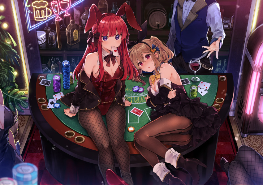 1boy 4girls alcohol animal_ears ankle_boots back-seamed_legwear bare_shoulders barrel beer_bottle beer_mug black_bow black_dress black_footwear black_jacket black_legwear black_leotard blonde_hair blurry blush boots bottle bow bowtie breasts brown_legwear bunny_ears bunnysuit card card_in_mouth carpet casino casino_card_table cleavage club_(shape) cup depth_of_field detached_collar detached_sleeves diamond_(shape) dress dress_shirt drinking_glass fake_animal_ears fishnet_legwear fishnets hair_bow hair_ornament hairband heart high_heel_boots high_heels highres ikeuchi_tanuma indoors jacket jacket_on_shoulders jukebox large_breasts leotard liquor long_hair long_sleeves looking_at_another looking_at_viewer looking_up lying mouth_hold mug multiple_girls neon_lights off_shoulder on_side original out_of_frame outstretched_hand pantyhose parted_lips plant playing_card poker_chip poker_table potted_plant purple_eyes red_bow red_eyes red_footwear red_hair red_leotard red_neckwear seamed_legwear self_hug shirt shoe_soles short_dress sidelocks sign sitting sitting_on_table spade_(shape) standing straight_hair strapless strapless_leotard twintails twitter_username vest wine wine_bottle wine_glass wrist_cuffs yellow_bow yellow_neckwear