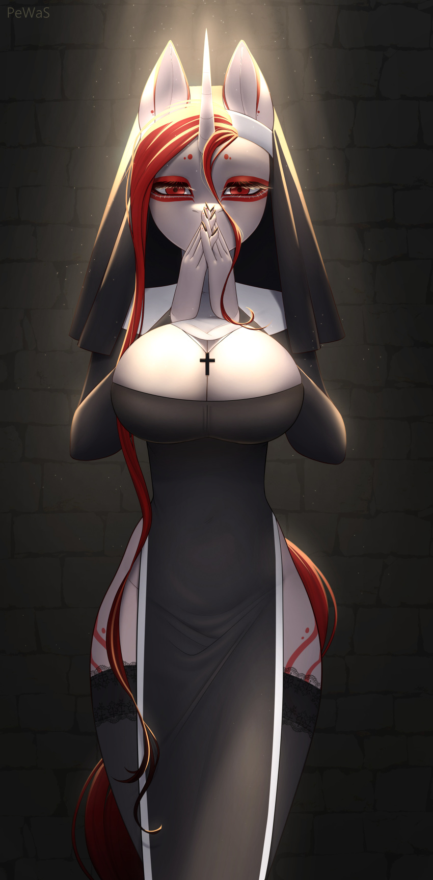 absurd_res anthro big_breasts black_nails breasts christian_symbol christianity cleavage clothed clothing colored_nails cross cutie_mark dress equid equine eyeshadow fan_character female habit hair hasbro headgear headwear hi_res horn isis_(oc) legwear light light_rays long_hair looking_at_viewer makeup mammal my_little_pony nails nun nun_habit nun_outfit pewas pose praying red_clothing red_eyes red_eyeshadow red_headwear religion solo standing stockings unicorn