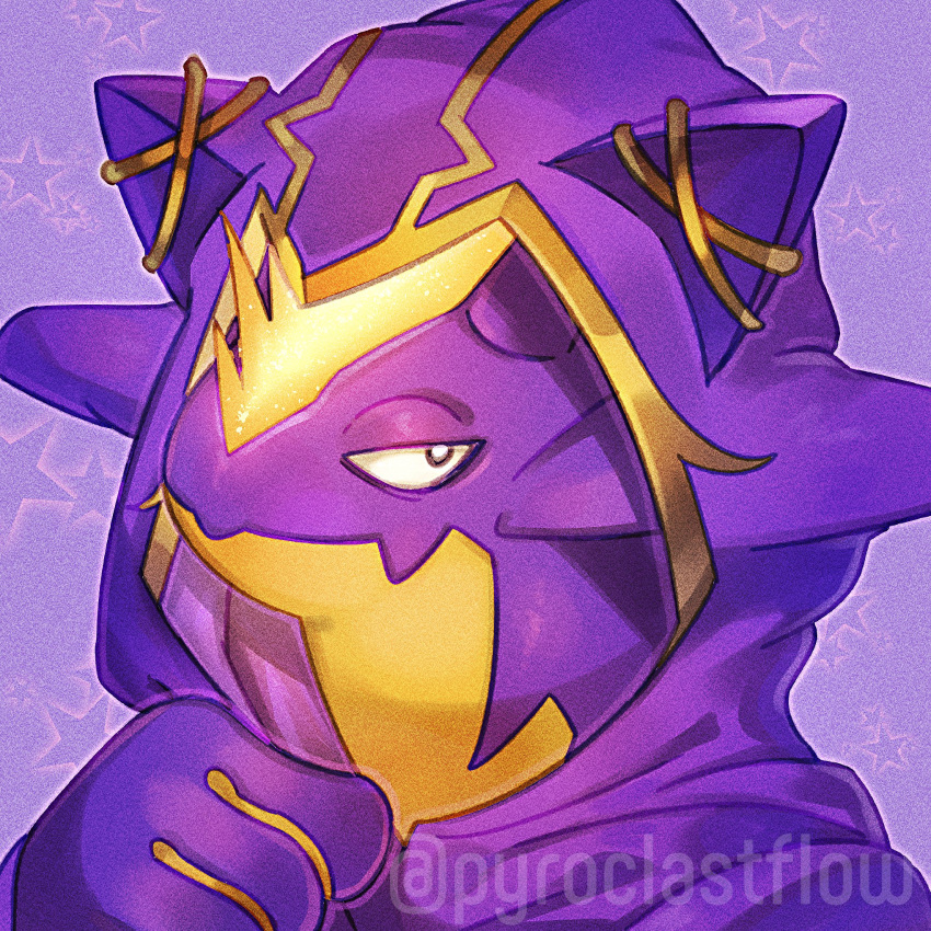 1:1 2020 abstract_background ambiguous_gender amped_toxtricity anthro cloak close-up clothed clothing fangs half-closed_eyes hi_res looking_at_viewer multicolored_body multicolored_skin narrowed_eyes nintendo pok&eacute;mon pok&eacute;mon_(species) portrait purple_background purple_body purple_skin sharp_teeth simple_background smile solo star teeth toxtricity video_games yasaikakiage yellow_body yellow_skin