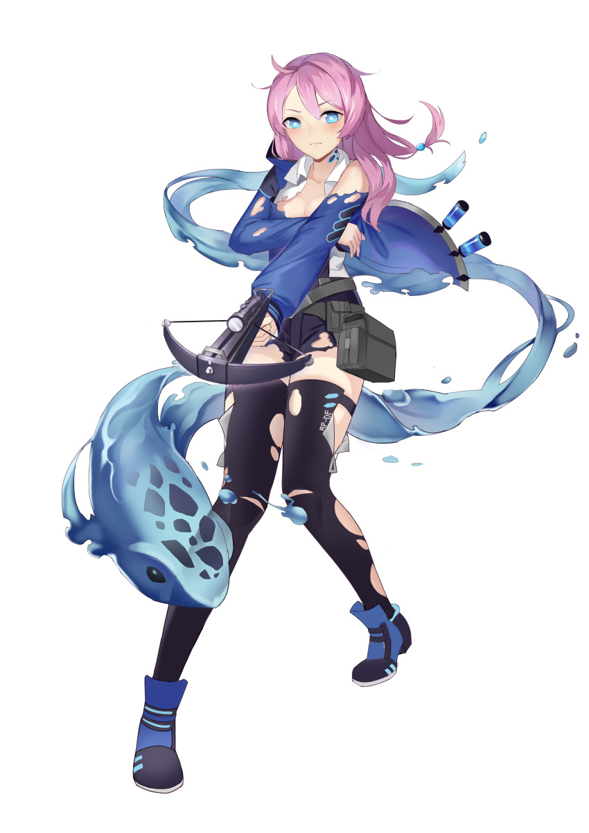 1girl absurdres arknights black_legwear blue_eyes blue_jacket blue_poison_(arknights) bowgun breasts collared_shirt elite_ii_(arknights) frog highres holding holding_bowgun holding_weapon hood hood_down hooded_jacket jacket jinjide_shaonian long_hair long_sleeves pink_hair shirt shorts simple_background small_breasts solo thighhighs torn_clothes torn_jacket torn_legwear torn_shirt torn_shorts weapon white_background white_shirt