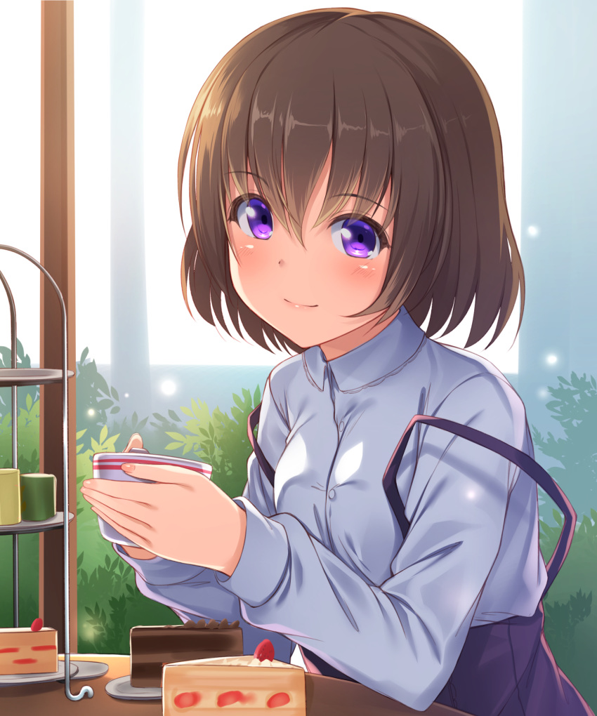 1girl alternative_girls asahina_nono backlighting bangs blush brown_hair cake cake_slice closed_mouth commentary_request cup eyebrows_visible_through_hair food grey_shirt highres holding holding_cup kageira long_sleeves looking_at_viewer purple_eyes purple_skirt shirt short_hair skirt smile solo suspender_skirt suspenders suspenders_slip tareme teacup tiered_tray upper_body