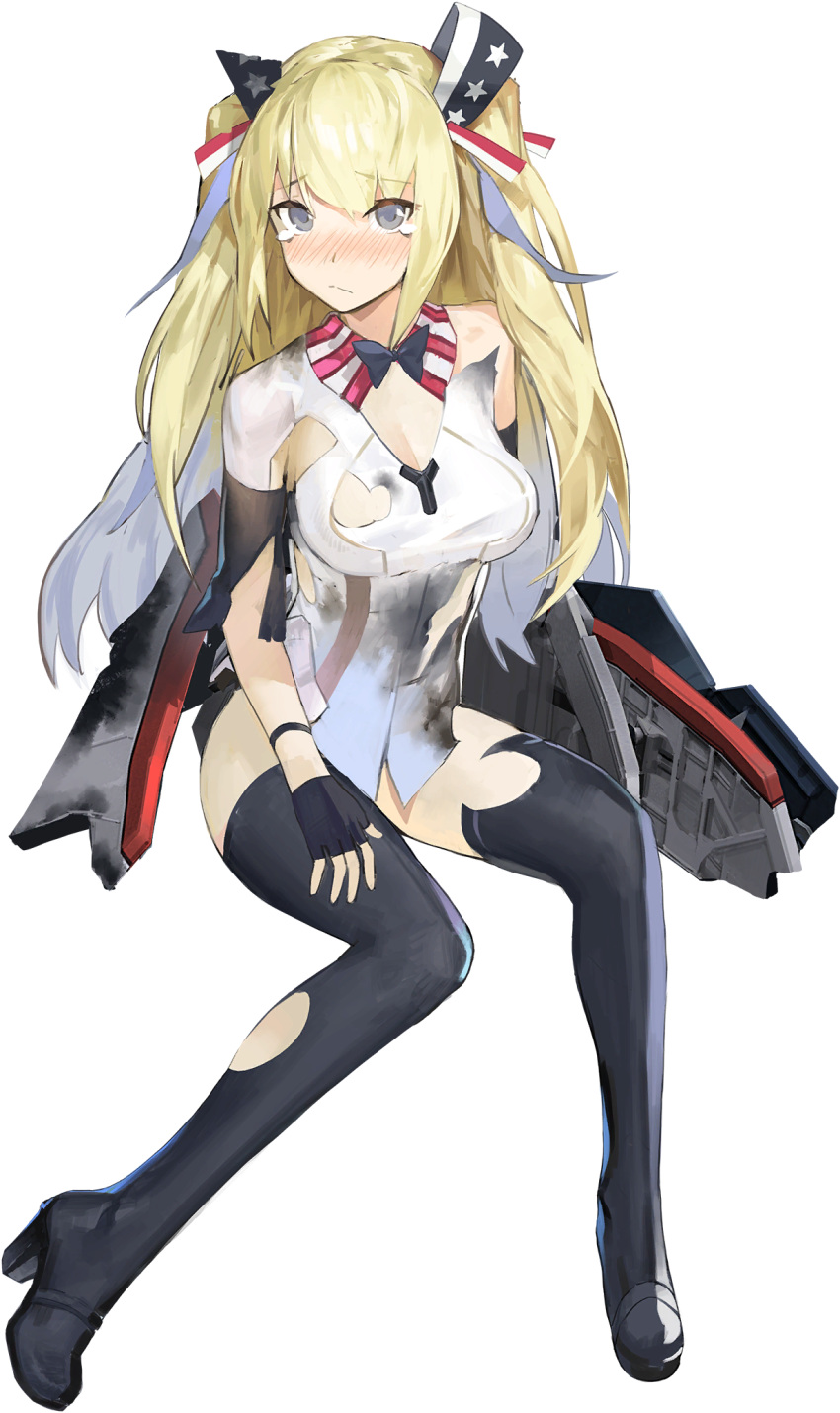 1girl american_flag american_flag_print artist_request bangs black_gloves black_legwear black_neckwear blue_oath blush bow bowtie breasts closed_mouth damaged eyebrows_visible_through_hair fingerless_gloves flag_print gloves hair_ribbon highres long_hair medium_breasts nose_blush official_art ribbon rigging saratoga_(blue_oath) solo tears thighhighs torn_clothes torn_legwear transparent_background two_side_up