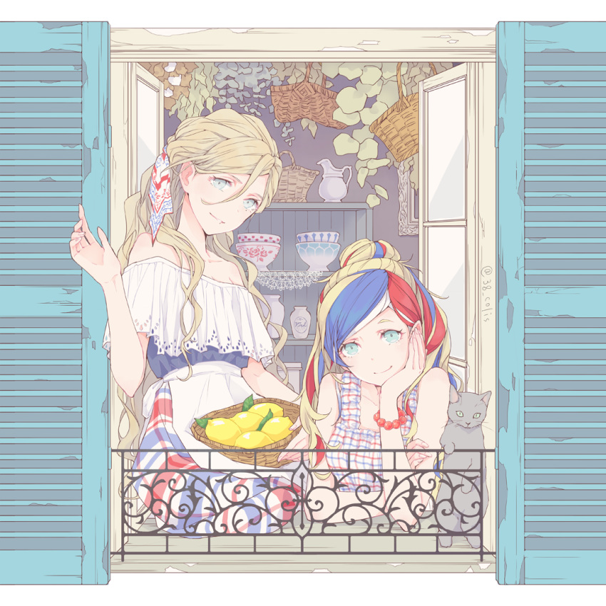 2girls alternate_costume animal apron bangs basket blonde_hair blue_eyes blue_hair bowl bracelet cat chin_rest colis commandant_teste_(kantai_collection) cup elbow_rest food fruit hair_between_eyes hair_bun jewelry kantai_collection lemon long_hair mole mole_under_eye mole_under_mouth multicolored_hair multiple_girls off_shoulder plant red_hair richelieu_(kantai_collection) sleeveless smile streaked_hair twitter_username waist_apron white_apron white_hair window windowsill