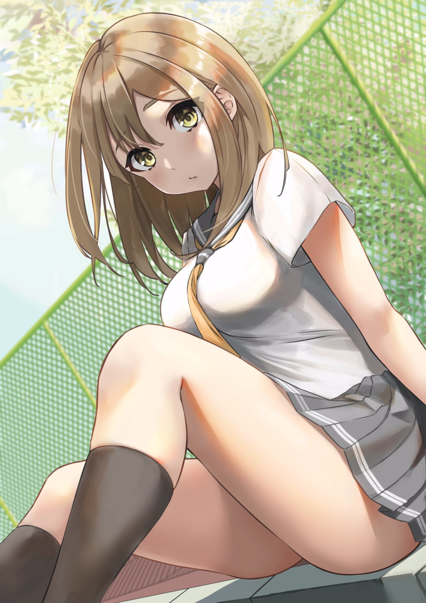 1girl :t akiki_(kiki) black_legwear blurry blurry_background breasts calf_socks ear eyebrows_visible_through_hair fence grey_sailor_collar grey_skirt highres kunikida_hanamaru large_breasts light_brown_hair love_live! love_live!_sunshine!! outdoors pleated_skirt sailor_collar school_uniform shirt sitting skirt solo tree uranohoshi_school_uniform white_shirt yellow_eyes yellow_neckwear