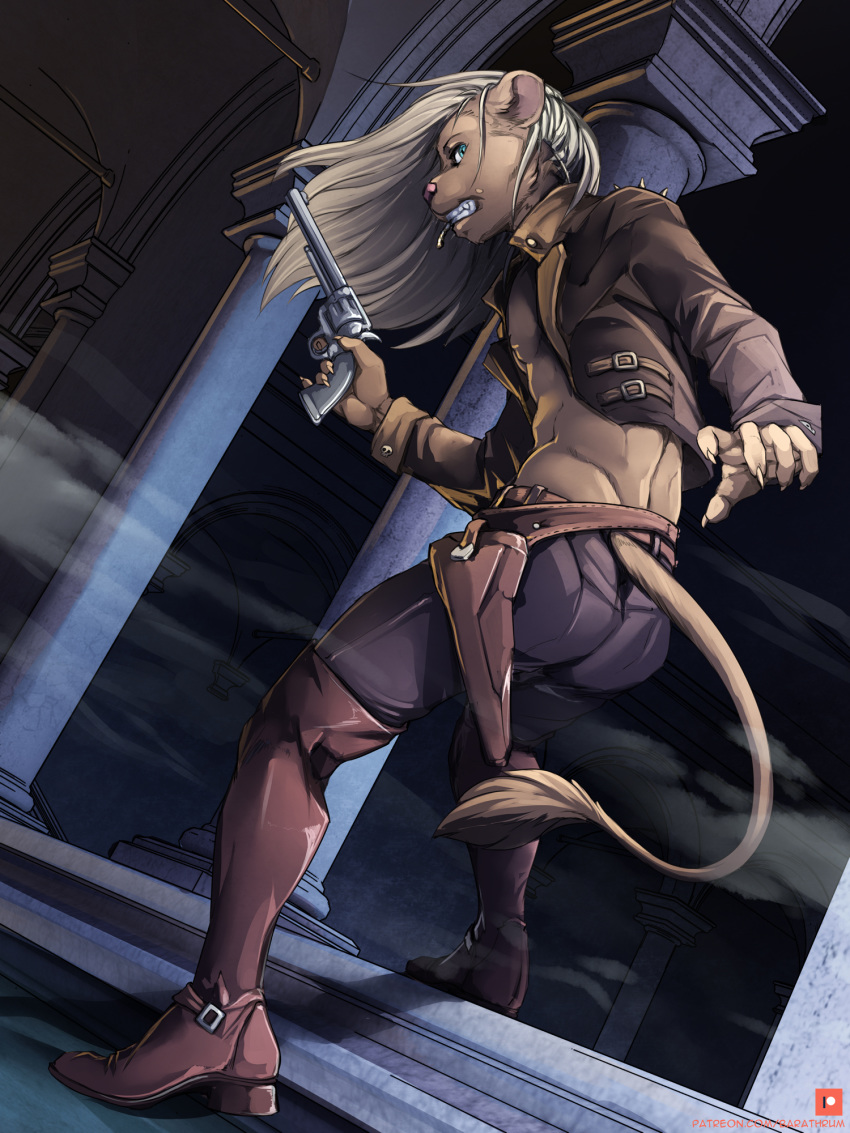 2020 3:4 anthro clothed clothing detailed_background digital_media_(artwork) felid gun hi_res holding_gun holding_object holding_weapon lion male mammal pantherine ranged_weapon solo standing twinkle-sez weapon