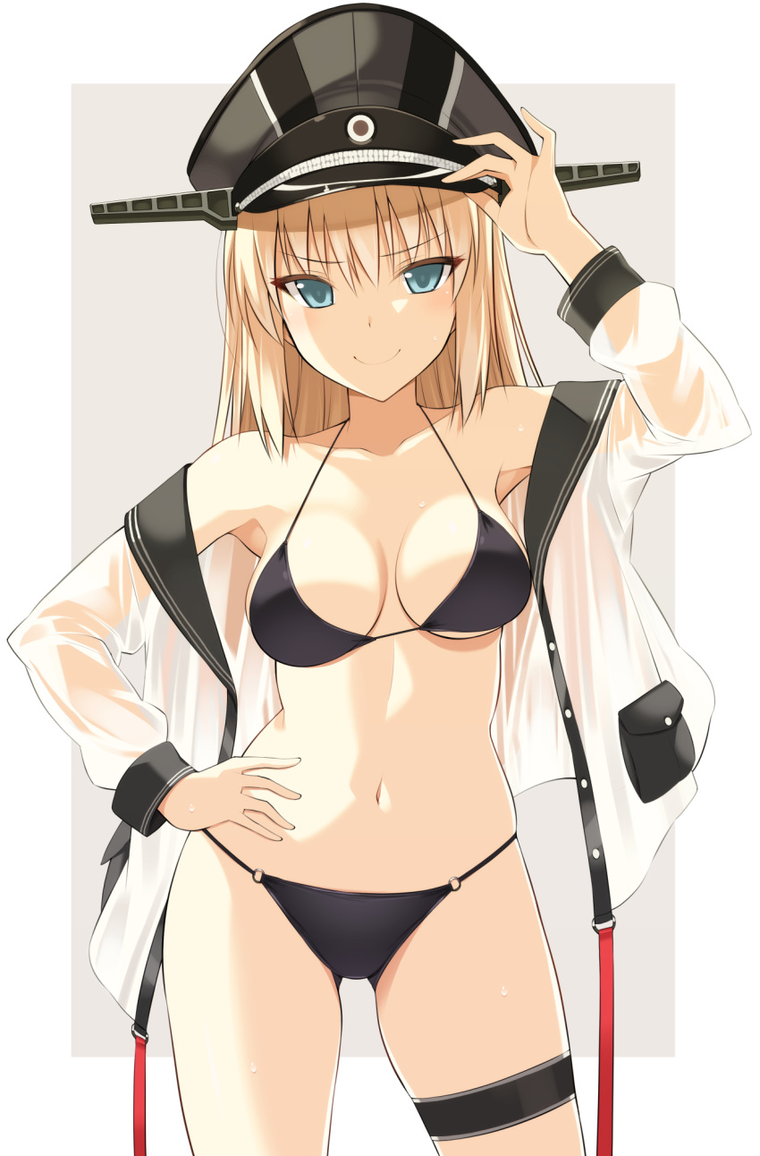&gt;:) 1girl arm_up armpits ass_visible_through_thighs bare_shoulders bikini bismarck_(kantai_collection) black_bikini black_headwear blonde_hair blue_eyes blush border breasts cleavage closed_mouth collarbone cowboy_shot eyebrows_visible_through_hair grey_background hand_on_headwear hand_on_hip hat highres jacket kantai_collection long_hair long_sleeves looking_at_viewer medium_breasts navel o-ring o-ring_bikini oota_yuuichi open_clothes open_jacket outside_border peaked_cap pouch see-through simple_background smile solo stomach straight_hair swimsuit thigh_strap v-shaped_eyebrows white_border white_jacket