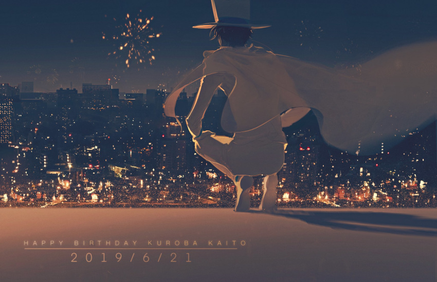 1boy black_hair cape character_name cityscape dated english_commentary english_text facing_away fireworks formal from_behind gloves happy_birthday hat highres kaitou_kid kuroba_kaito long_sleeves magic_kaito male_focus night night_sky outdoors shadow sheya_(dingkuang1) shoes sky solo squatting suit top_hat white_footwear white_gloves white_headwear white_suit wind