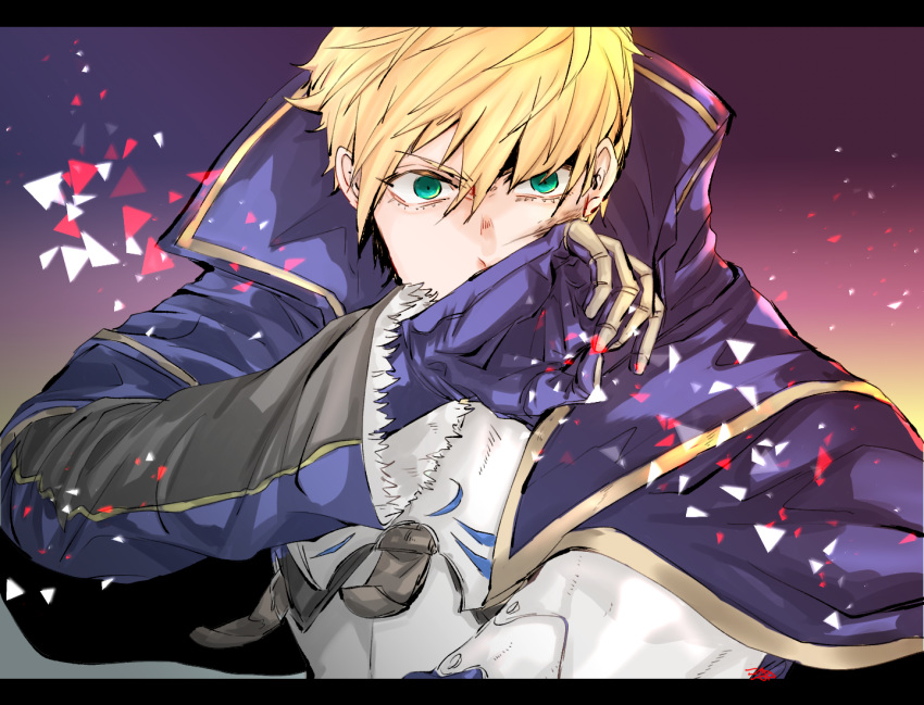 1boy armor armored_dress arthur_pendragon_(fate) black_border blonde_hair blue_cape blue_dress border breastplate cape dress fate/grand_order fate/prototype fate_(series) faulds gauntlets greaves green_eyes hair_between_eyes knowxxxing long_sleeves looking_at_viewer male_focus pauldrons short_hair shoulder_armor signature solo upper_body