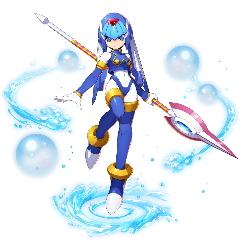 1girl android blue_eyes breasts capcom facing_viewer full_body gloves helmet high_heels highres holding holding_weapon leg_up leviathan_(rockman) looking_at_viewer mizuno_keisuke official_art polearm rockman rockman_x_dive rockman_zero small_breasts smile solo thighhighs transparent_background water weapon