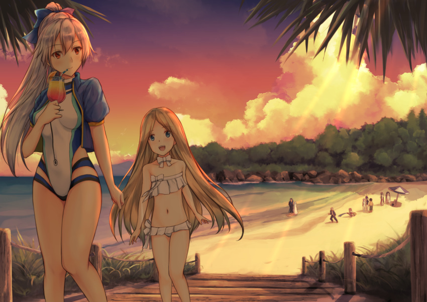 3boys 6+girls abigail_williams_(fate/grand_order) abigail_williams_(swimsuit_foreigner)_(fate) anatamo archer bare_shoulders beach beach_umbrella bikini black_hair blonde_hair blue_bow blue_eyes blue_hair blue_jacket blue_swimsuit bow brynhildr_(swimsuit_berserker)_(fate) choker cloud collarbone commentary_request competition_swimsuit cropped_jacket cup drinking_straw fate/grand_order fate_(series) food fruit fujimaru_ritsuka_(male) glass hair_bow highleg highleg_swimsuit holding holding_cup illyasviel_von_einzbern_(swimsuit_archer)_(fate) jacket lemon lemon_slice long_hair midriff multicolored multicolored_clothes multicolored_swimsuit multiple_boys multiple_girls murasaki_shikibu_(swimsuit_rider)_(fate) navel ocean one-piece_swimsuit open_clothes open_jacket outdoors palm_tree purple_hair red_eyes sesshouin_kiara_(swimsuit_mooncancer)_(fate) short_sleeves silver_hair sitting standing strapless strapless_bikini sunset swimsuit tomoe_gozen_(fate/grand_order) tomoe_gozen_(swimsuit_saber)_(fate) tree twintails umbrella very_long_hair white_bikini white_bow white_choker white_swimsuit yu_miaoyi_(swimsuit_lancer)