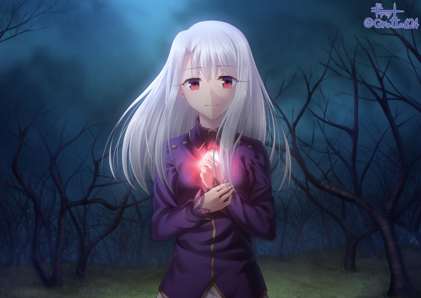 1girl ascot bangs closed_mouth cloud cloudy_sky collared_shirt dress_shirt eyebrows_visible_through_hair eyelashes fate/stay_night fate_(series) floating_hair gyatto624 hair_between_eyes highres illyasviel_von_einzbern long_hair long_sleeves outdoors pleated_skirt purple_shirt red_eyes red_neckwear shirt silver_hair skirt sky smile solo standing straight_hair twitter_username upper_body white_skirt wing_collar