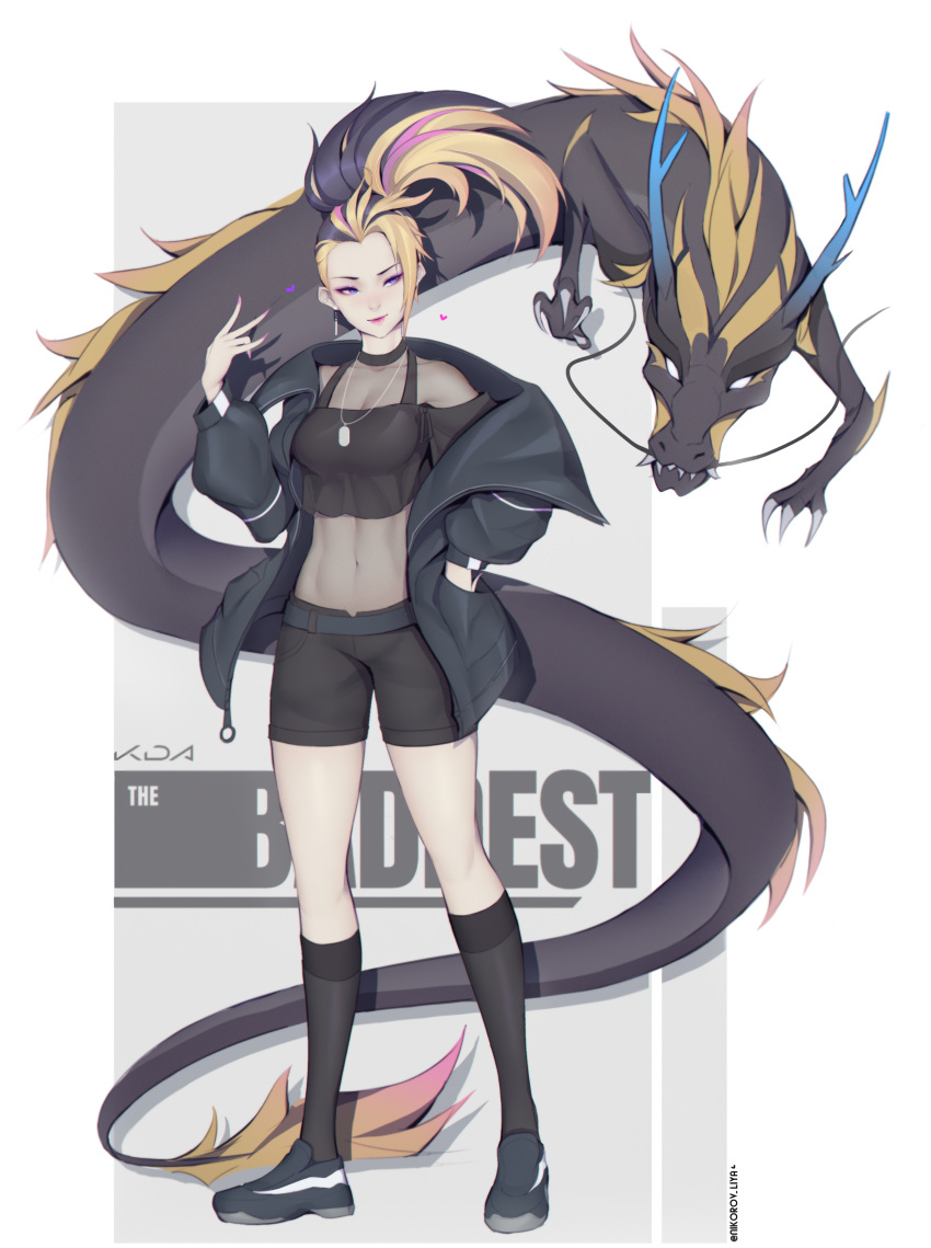 1girl absurdres akali baseball_cap black_jacket black_legwear breasts choker claws collarbone commentary dragon earrings eastern_dragon hair_up hat high_ponytail highres jacket jewelry k/da_(league_of_legends) kneehighs league_of_legends liya_nikorov long_hair looking_at_viewer midriff navel ponytail purple_hair shoes smile sneakers solo stomach the_baddest_akali