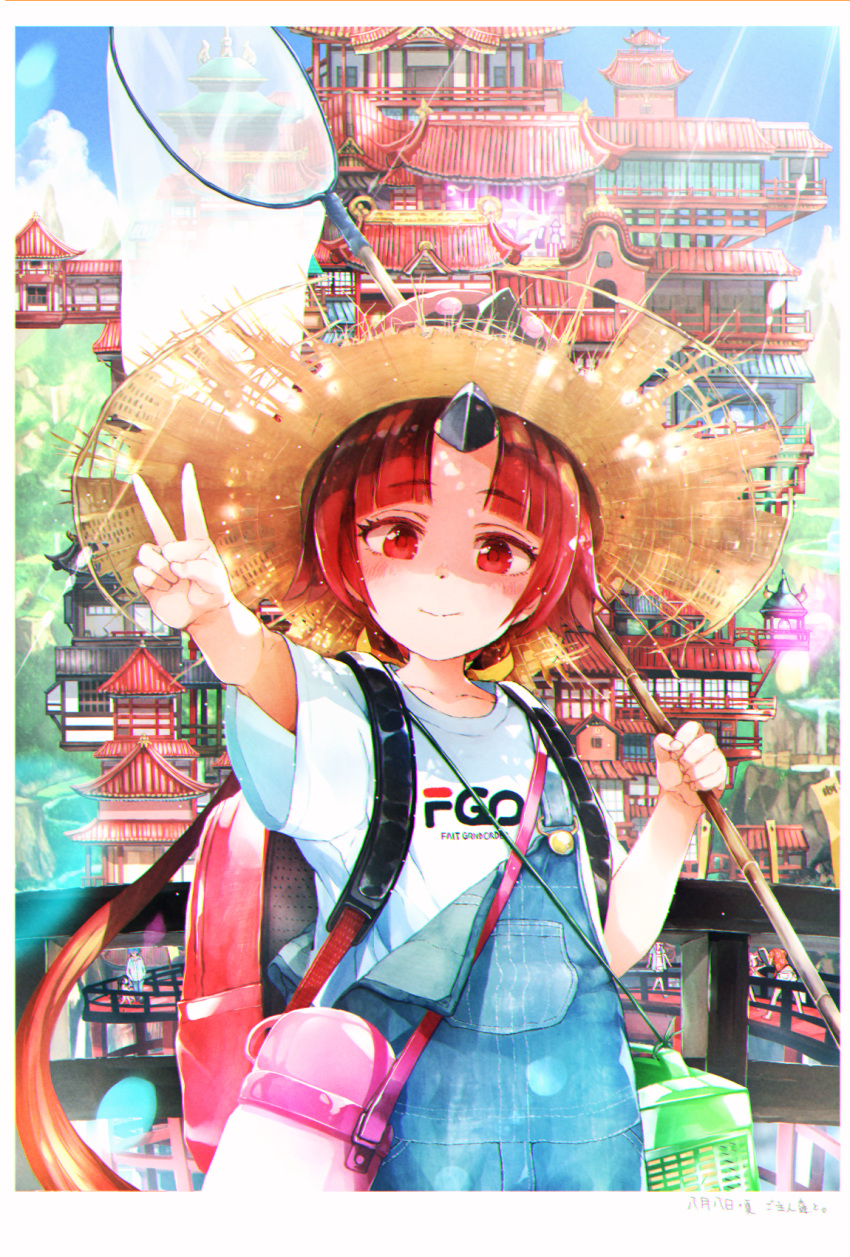 1girl architecture backpack bag benienma_(fate/grand_order) butterfly_net east_asian_architecture fate/grand_order fate_(series) gomennasai hand_net hat highres overalls red_eyes red_hair smile straw_hat summer sunlight v