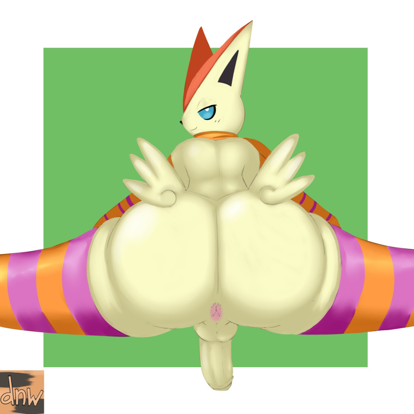 1:1 anthro anus armwear balls big_butt big_ears black_nose blue_eyes butt butt_wings clothing fur genitals girly half-closed_eyes hi_res huge_butt legendary_pok&eacute;mon legwear looking_at_viewer looking_back male narrowed_eyes nintendo penis pok&eacute;mon pok&eacute;mon_(species) reallydarkandwindie rear_view scarf smile solo spreading thick_thighs vandan_(svric) victini video_games wide_hips wings