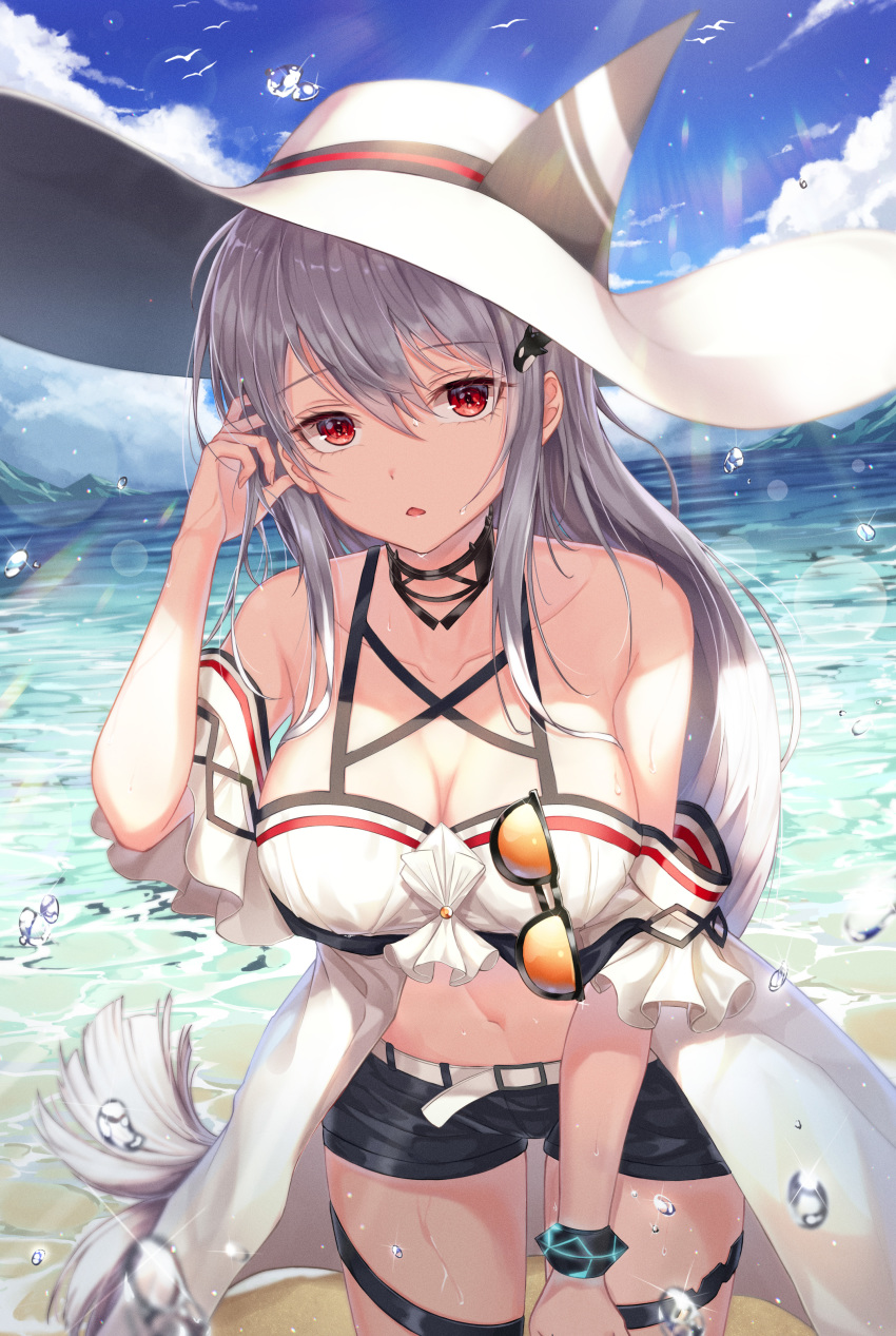 1girl absurdres arknights bangs bare_shoulders beach bikini_shorts black_shorts blue_sky bracelet breasts choker cleavage cloud commentary day eyebrows_visible_through_hair eyewear_removed hair_between_eyes hair_ornament hand_in_hair hand_up hat highres jewelry large_breasts lens_flare long_hair looking_at_viewer midriff navel off-shoulder_shirt off_shoulder outdoors parted_lips raccoon_(raccoonccoon) red_eyes shirt short_shorts short_sleeves shorts silver_hair skadi_(arknights) sky solo stomach sun_hat sunglasses thigh_strap thighs very_long_hair water_drop wet whale_hair_ornament white_shirt