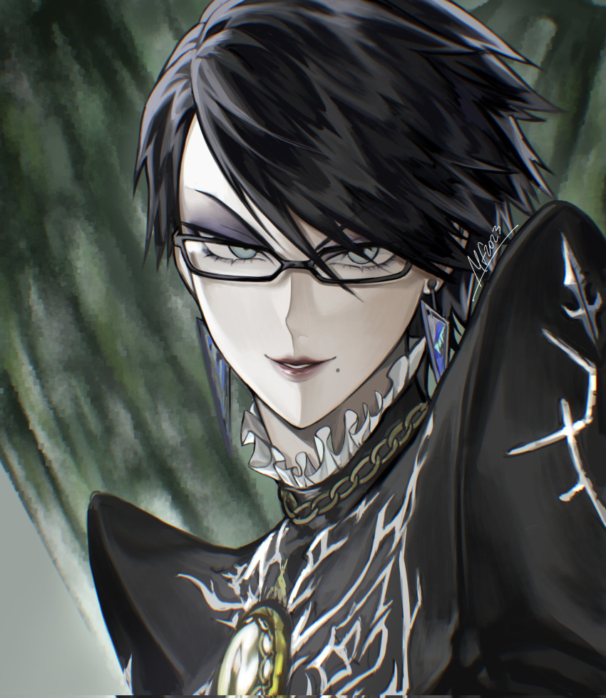1girl amulet bayonetta bayonetta_(series) bayonetta_2 black-framed_eyewear black_bodysuit black_hair blue_eyes bodysuit chromatic_aberration collar commentary_request cutout_eyelashes earrings frilled_collar frills glasses green_background highres jewelry lipstick looking_at_viewer makeup mary_felizola mole mole_under_mouth portrait short_hair signature smirk solo swept_bangs triangle_earrings