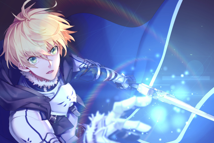 1boy armor armored_dress arthur_pendragon_(fate) blonde_hair blue_cape blue_dress breastplate cape dress ena_(soyen915) excalibur excalibur_(fate/prototype) fate/grand_order fate/prototype fate_(series) gauntlets glowing glowing_sword glowing_weapon greaves green_eyes hair_between_eyes holding holding_sword holding_weapon looking_at_viewer male_focus pauldrons short_hair shoulder_armor solo sword upper_body weapon