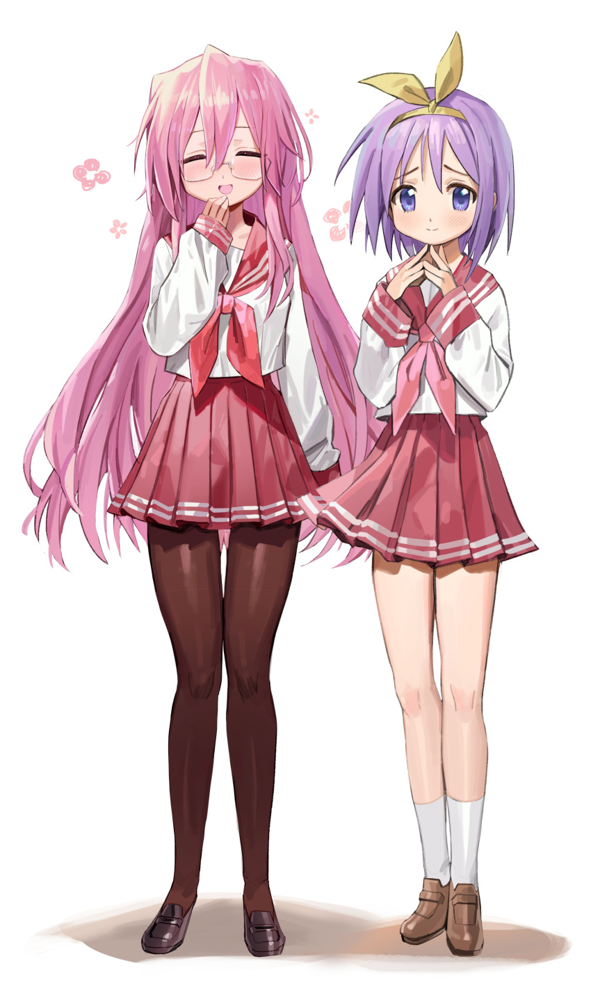 2girls absurdres blue_eyes eyebrows_visible_through_hair floral_background freng glasses hair_between_eyes hairband highres hiiragi_tsukasa long_hair looking_at_viewer lucky_star multiple_girls open_mouth pantyhose pink_hair pink_neckwear purple_hair ryouou_school_uniform school_uniform serafuku shoes short_hair skirt sleeves_past_wrists smile socks takara_miyuki tareme very_long_hair white_background