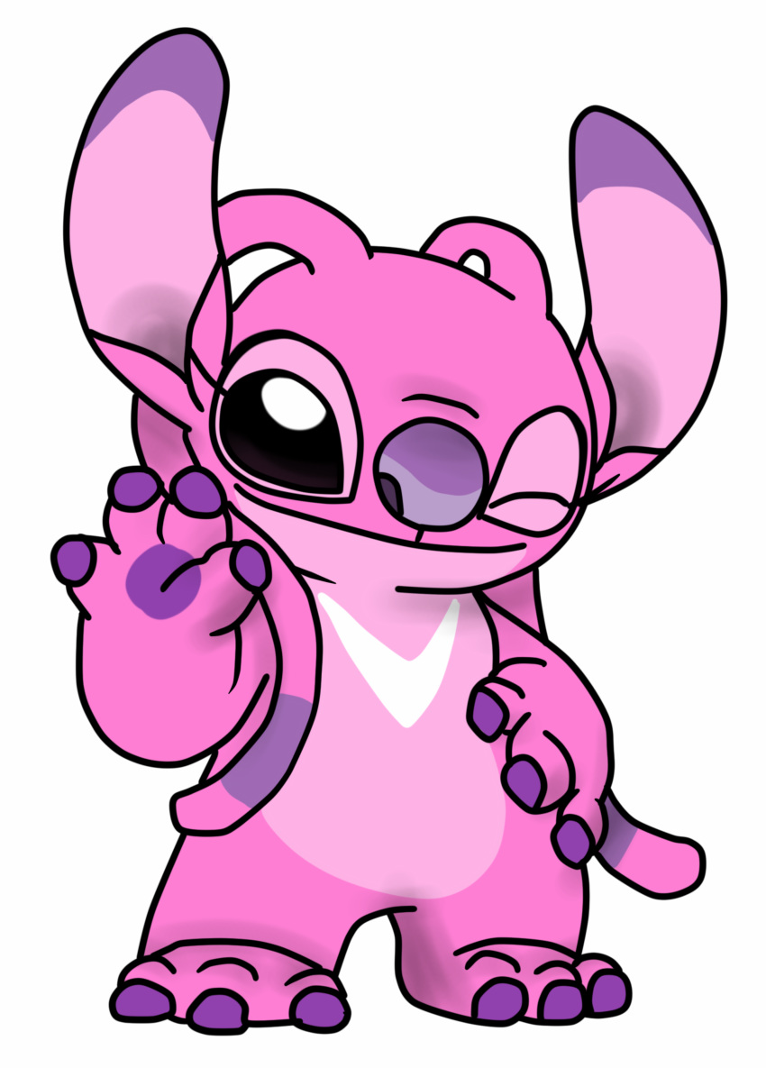 2018 absurd_res alien angel_(lilo_and_stitch) antennae_(anatomy) claws disney edimay experiment_(lilo_and_stitch) female female_(lore) fur gesture hi_res lilo_and_stitch one_eye_closed pink_body pink_fur pink_inner_ear purple_claws purple_nose semi-anthro simple_background smile solo standing toe_claws waving white_background wink