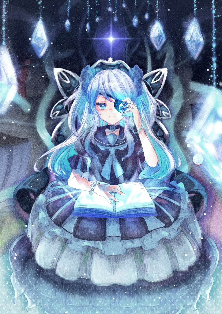 1girl absurdres bangs black_dress black_sailor_collar blue_eyes blue_hair blue_neckwear book closed_mouth commentary_request crystal dress eyepatch frilled_dress frills hand_up highres holding huge_filesize ice_crystal ittokyu long_hair looking_at_viewer open_book original puffy_short_sleeves puffy_sleeves sailor_collar sailor_dress seashell_bracelet short_sleeves smile snowing solo very_long_hair