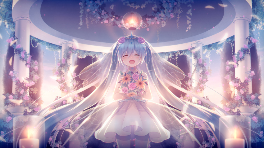 1girl :d blush bouquet bridal_veil bride candle closed_eyes column dress feathers flower hair_between_eyes hair_flower hair_ornament hatsune_miku highres holding holding_bouquet long_hair open_mouth pillar sakakidani see-through smile solo tiara tree twintails veil very_long_hair vocaloid wedding_dress white_dress