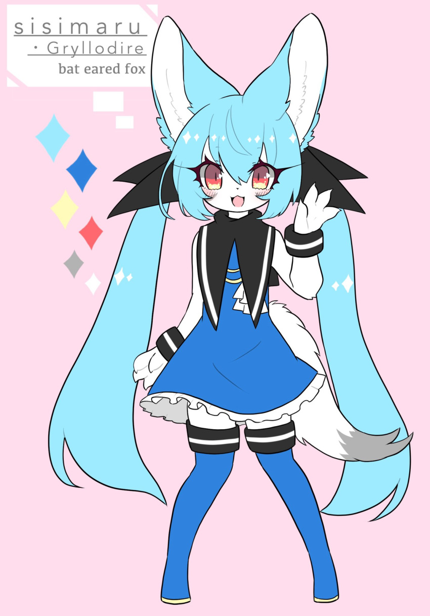 :3 :d animal_ears animal_nose bat_ears blue_dress blue_footwear blush character_name claws color_guide dress english_commentary english_text eyebrows_visible_through_hair eyelashes fictional_persona fox fox_girl fox_tail full_body furry hair_between_eyes highres knees_together_feet_apart kunreishiki long_hair looking_at_viewer mixed-language_commentary open_mouth original pink_background red_eyes sbi_arki simple_background sisimaru_(sbi_arki) smile standing tail twintails white_fur