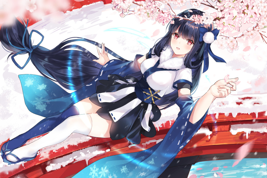 1girl absurdres arm_up bangs blue_legwear blush cherry_blossoms detached_sleeves eyebrows eyebrows_visible_through_hair hair_ornament highres hum_(ten_ten) japanese_clothes long_hair looking_at_viewer low-tied_long_hair parted_lips petals ribbon shoes sitting sleeves snow thighhighs white_legwear zettai_ryouiki
