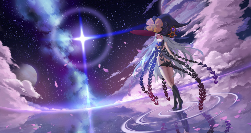 1girl abigail_williams_(fate/grand_order) ass bangs bare_shoulders black_bow black_headwear black_panties bow breasts cloud fate/grand_order fate_(series) forehead glowing glowing_eye hat highres horizon keyhole legs long_hair looking_at_viewer multiple_bows night night_sky orange_bow panties parted_bangs petals red_eyes ripples sky small_breasts smile standing standing_on_liquid star_(sky) stuffed_animal stuffed_toy third_eye underwear water white_hair white_skin witch_hat yaxiya