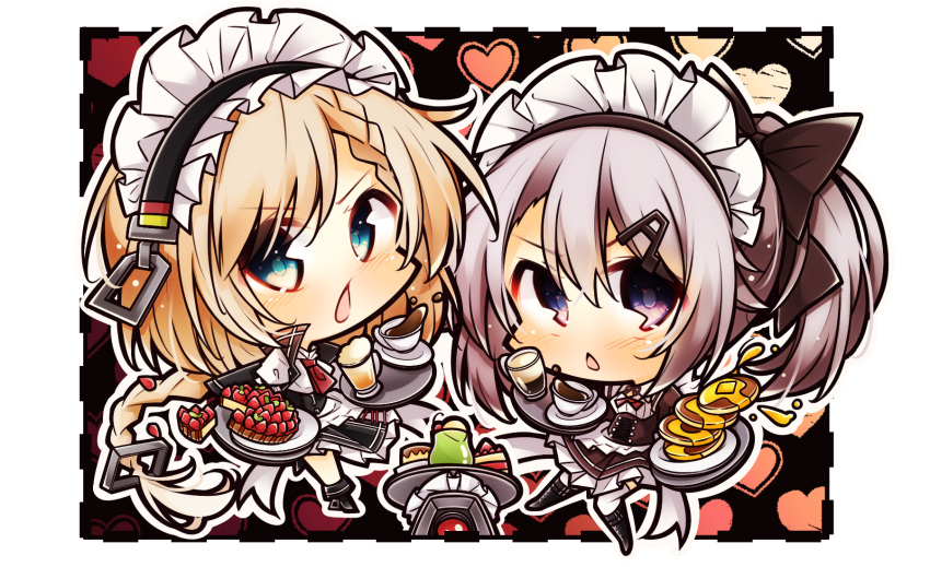 2girls 7:08 9a-91_(girls_frontline) apron bangs black_footwear blonde_hair blue_eyes blush braid butter chibi coffee coffee_cup cross-laced_clothes cup dinergate_(girls_frontline) disposable_cup drink eyebrows_visible_through_hair eyes_visible_through_hair food g36_(girls_frontline) girls_frontline hair_between_eyes heart highres long_hair looking_at_viewer maid maid_apron maid_headdress mug multiple_girls necktie open_mouth pancake pie ponytail red_neckwear sidelocks silver_hair thighhighs tray very_long_hair white_legwear