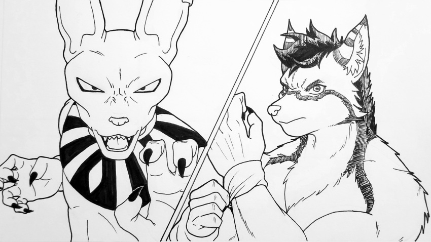 16:9 2020 anthro beerus claws clothed clothing domestic_cat dragon_ball dragon_ball_super dragon_ball_z duo ear_piercing felid feline felis fur hair hairless hairless_cat hi_res looking_at_viewer male mammal monochrome open_mouth piercing prismanoodle_(artist) simple_background sphynx_(cat) tongue traditional_media_(artwork) white_background widescreen
