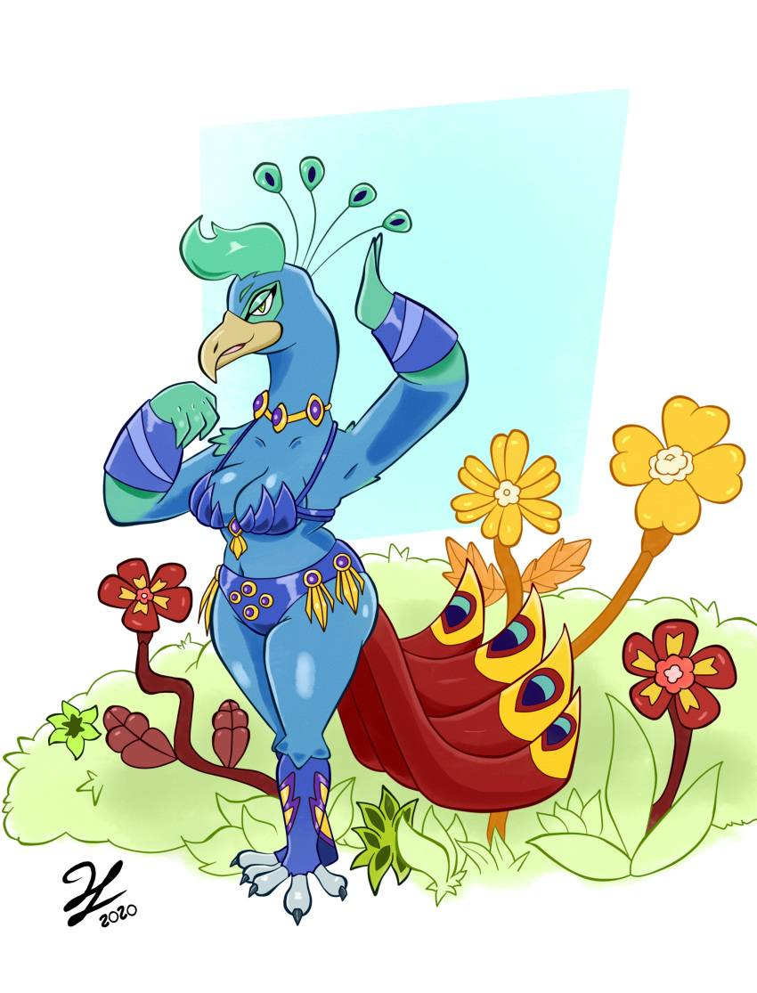 absurd_res anthro avian bird breasts carnival_(holiday) clothing feathers female flower galliform henrytoons hi_res holidays legwear nature navel non-mammal_breasts original_characters peacock_feather peafowl phasianid plant queen royalty solo thick_thighs tights wide_hips