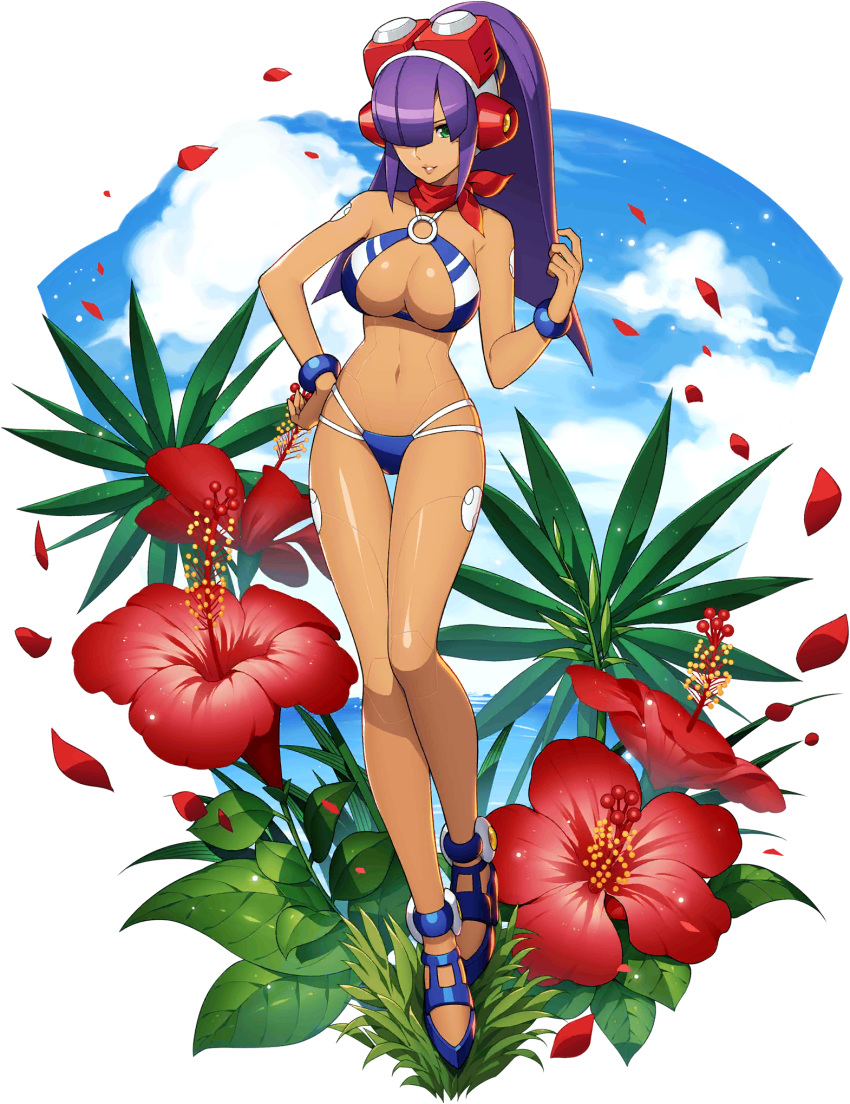 1girl android bangs bikini blunt_bangs bracelet breasts capcom cloud flower full_body hair_over_one_eye hand_on_hip headset high_ponytail highres hime_cut jewelry large_breasts layer_(rockman) long_hair looking_at_viewer mizuno_keisuke mole mole_under_eye official_art ponytail purple_hair rockman rockman_x rockman_x_dive scarf sky smile solo summer swimsuit transparent_background