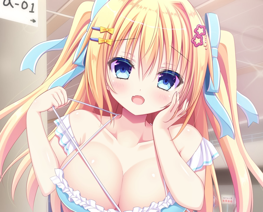 aqua_eyes blonde_hair blush breasts cleavage close cropped dengeki_moeoh fang long_hair original ribbons shiwasu_horio twintails