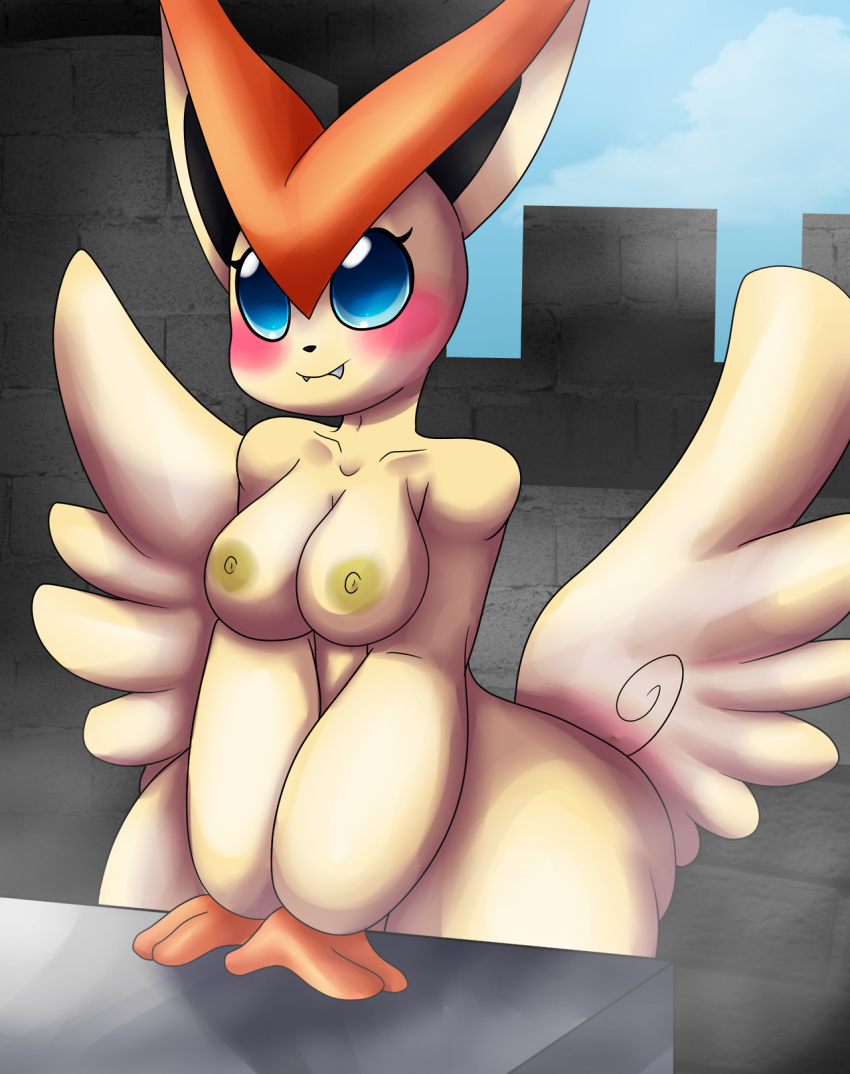 3_fingers anthro big_ears black_nose blue_eyes blush breasts butt_wings cute_fangs eyelashes fangs female fingers fur hi_res legendary_pok&eacute;mon looking_away mammal nintendo nipples pok&eacute;mon pok&eacute;mon_(species) smile solo thick_thighs victini video_games wide_hips wings yoshimister