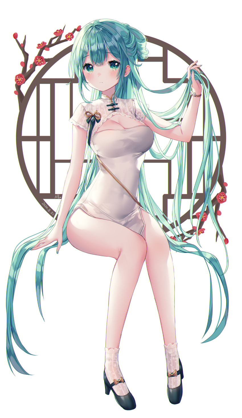 1girl absurdres aqua_eyes aqua_hair aqua_nails arm_at_side arm_support bangs black_footwear blush bow_footwear bracelet branch breasts china_dress chinese_clothes cleavage cleavage_cutout commentary covered_navel dress flower full_body green_ribbon half_updo hand_up hatsune_miku highres holding holding_hair invisible_chair jewelry lace lace-trimmed_dress large_breasts long_hair looking_at_viewer nail_polish pelvic_curtain red_flower ribbon round_window shaohua_hatsune_miku shiro_albino short_dress short_sleeves sitting socks solo toggles very_long_hair vocaloid white_background white_legwear