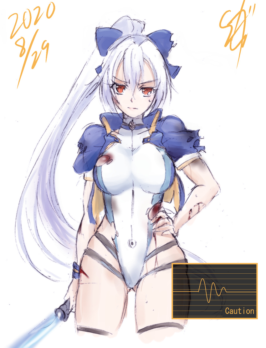 1girl angry bleeding blood blue_swimsuit bow breasts bruise collarbone commentary_request competition_swimsuit cropped_jacket cuts dated energy_sword fate/grand_order fate_(series) graphite_(medium) hair_between_eyes hair_bow hand_on_hip highleg highleg_swimsuit highres holding holding_sword holding_weapon injury jacket large_breasts long_hair looking_at_viewer multicolored multicolored_clothes multicolored_swimsuit one-piece_swimsuit open_clothes open_jacket ponytail purple_bow purple_jacket red_eyes short_sleeves signature silver_hair solo suga_leon sweatdrop swimsuit sword thigh_strap tomoe_gozen_(fate/grand_order) tomoe_gozen_(swimsuit_saber)_(fate) torn_clothes torn_jacket torn_swimsuit traditional_media very_long_hair weapon white_background white_swimsuit