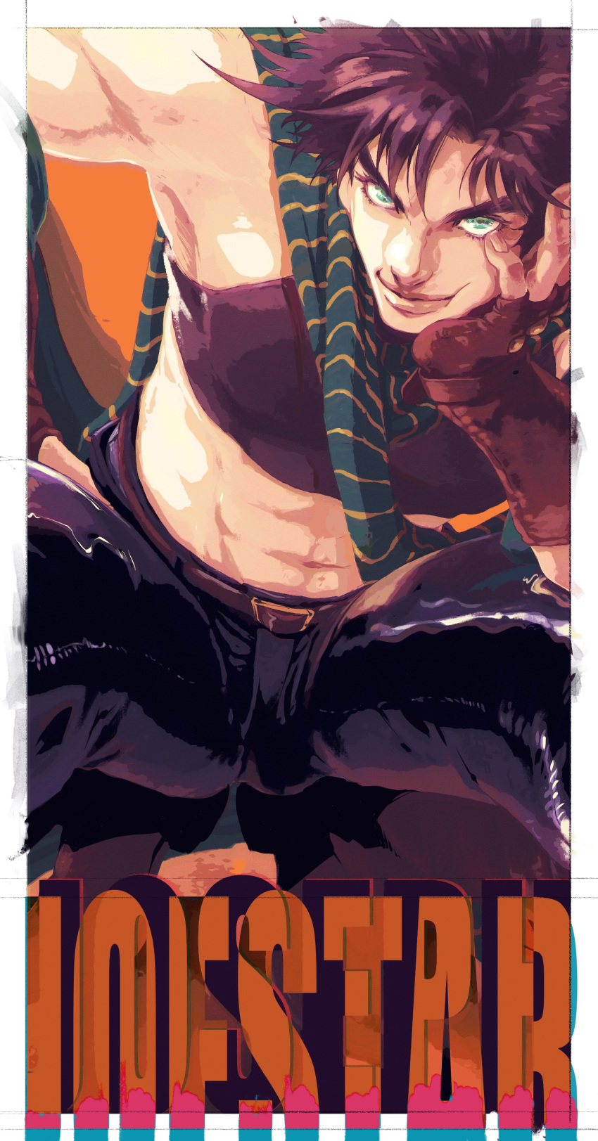 1boy abs absurdres bare_shoulders brown_hair fingerless_gloves fujisee gloves green_eyes highres jojo_no_kimyou_na_bouken joseph_joestar_(young) leather looking_at_viewer male_focus midriff muscle scarf shirtless sleeveless smile solo thighs tight younger