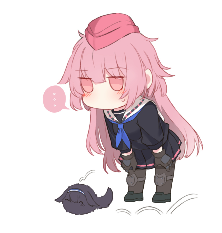 ... 1girl ^_^ animalization black_footwear black_legwear blush brown_gloves chibi closed_eyes commentary garrison_cap girls_frontline gloves hairband hands_on_own_knees happy hat highres knee_pads leaning_forward long_hair ntw-20_(girls_frontline) pantyhose pink_hair pink_headwear pleated_skirt school_uniform serafuku shoes skirt speech_bubble spoken_ellipsis super_sass_(girls_frontline) thighband_pantyhose very_long_hair yuutama2804