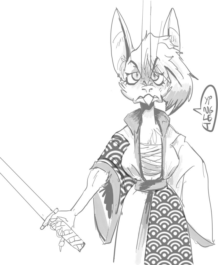anthro asian_clothing cartoonmeat clothing ear_piercing ear_ring east_asian_clothing female hi_res holding_object holding_weapon japanese_clothing kimono mammal melee_weapon monochrome nidge out-of-placers piercing samurai solo sword warrior weapon webcomic yinglet