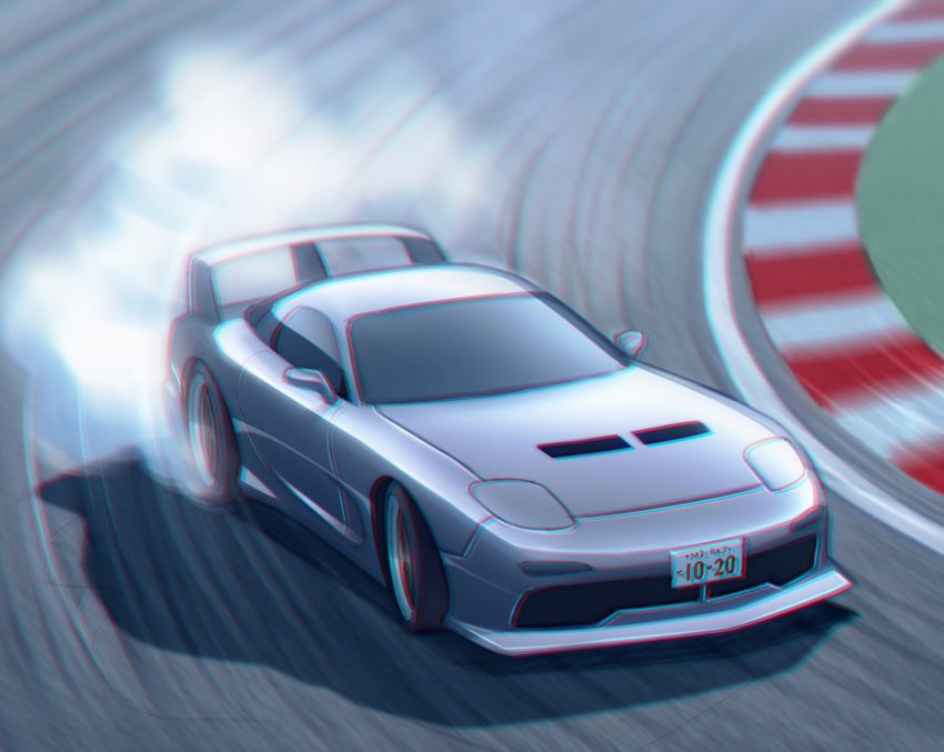 car chromatic_aberration drifting ground_vehicle kai55 license_plate mazda mazda_rx-7 motor_vehicle no_humans original solo spoiler_(automobile) vehicle_focus