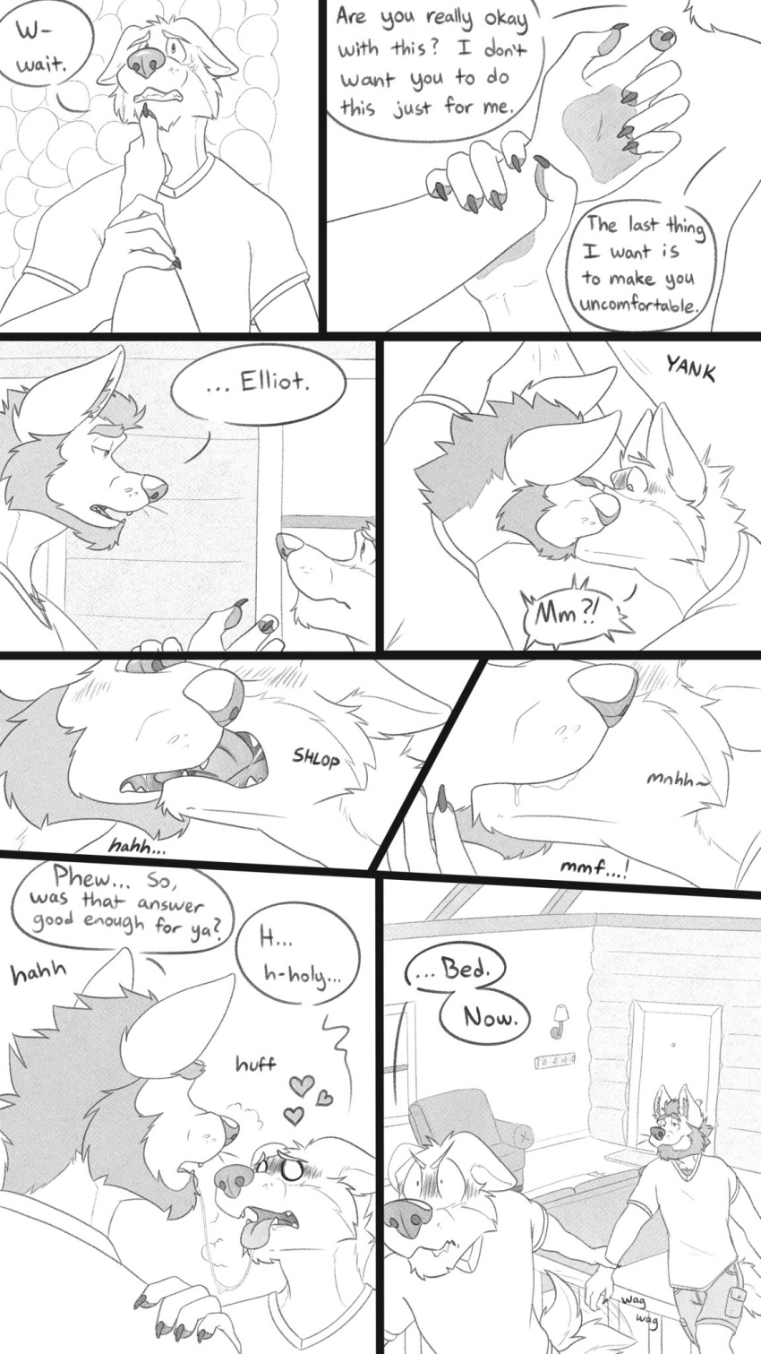 &lt;3 2020 9:16 anthro beard blush bodily_fluids body_hair breath canid canine canis chest_hair cliff_(unpopularwolf) comic dialogue digital_media_(artwork) drooling duo ears_back ears_down elliot_(unpopularwolf) english_text facial_hair fangs father father_and_child father_and_son french_kissing hi_res incest_(lore) kissing male male/male mammal panting parent parent_and_child pivoted_ears saliva saliva_string son sound_effects standing tailwag text unpopularwolf whiskers wolf